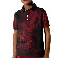 Viking Dragon Longship Helm of Awe Kid Polo Shirt Nordic Mythology Tribal Engraving Style