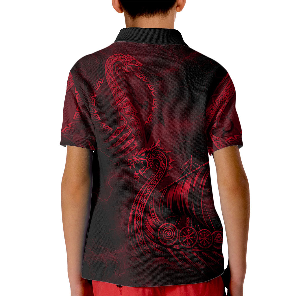 Viking Dragon Longship Helm of Awe Kid Polo Shirt Nordic Mythology Tribal Engraving Style