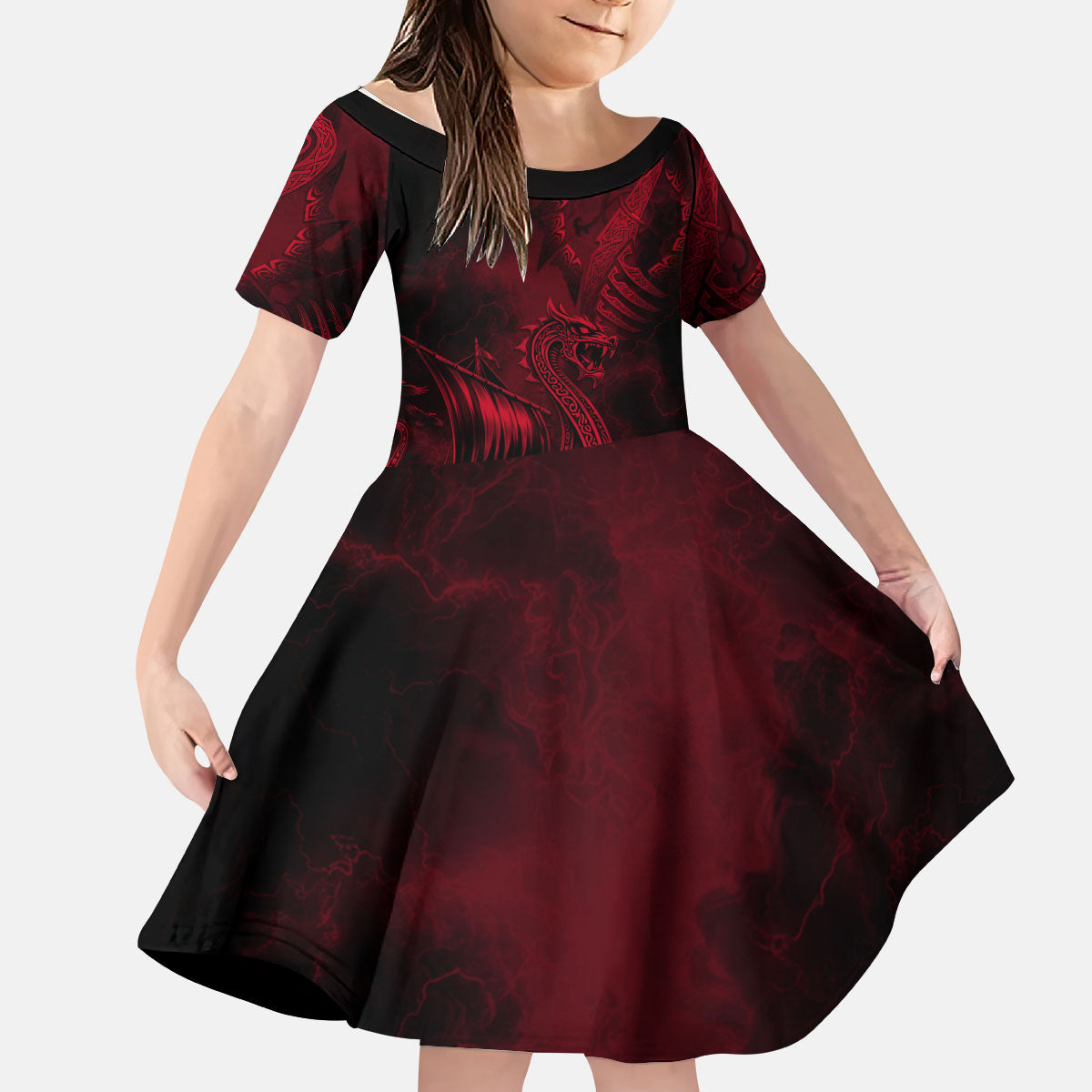 Viking Dragon Longship Helm of Awe Kid Short Sleeve Dress Nordic Mythology Tribal Engraving Style