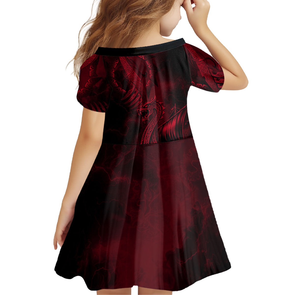 Viking Dragon Longship Helm of Awe Kid Short Sleeve Dress Nordic Mythology Tribal Engraving Style