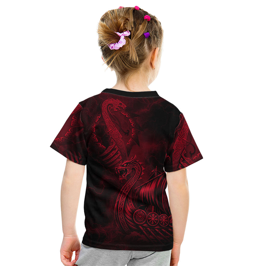 Viking Dragon Longship Helm of Awe Kid T Shirt Nordic Mythology Tribal Engraving Style