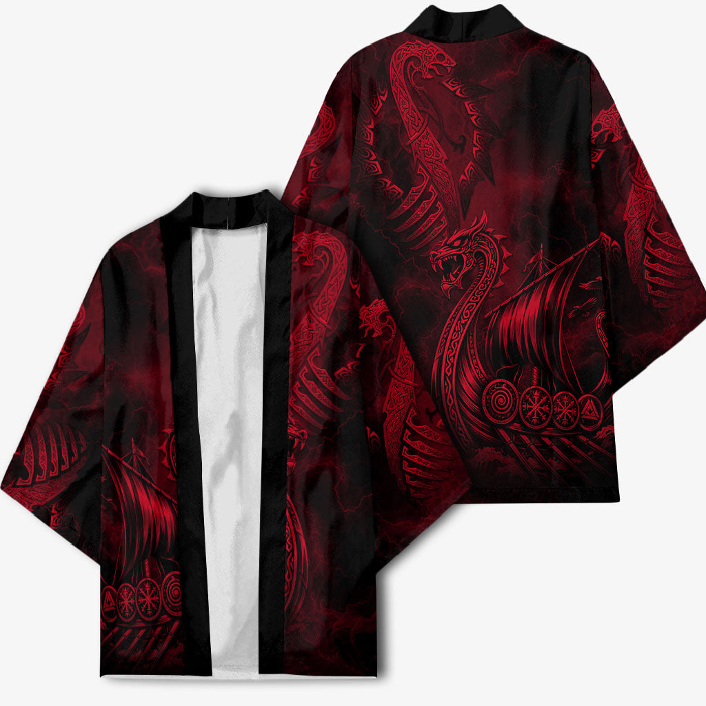 Viking Dragon Longship Helm of Awe Kimono Nordic Mythology Tribal Engraving Style