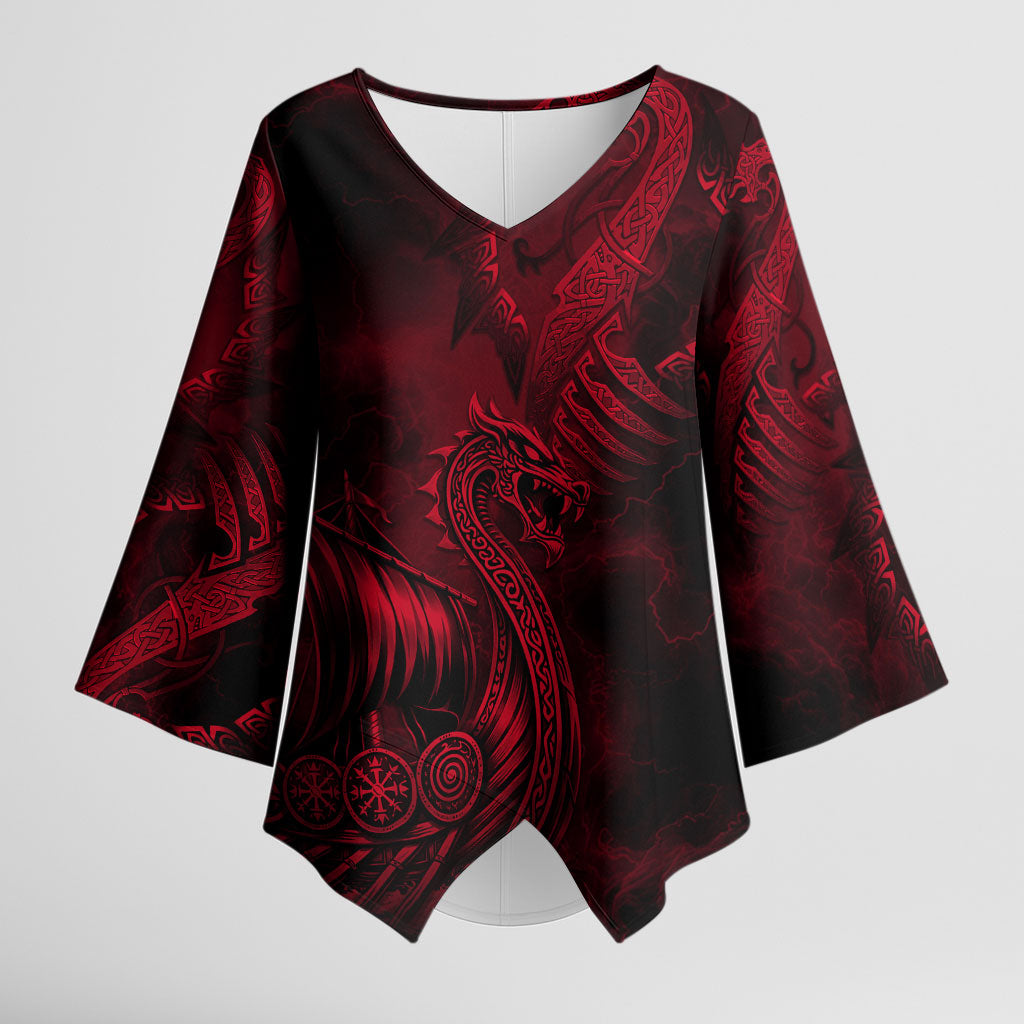 Viking Dragon Longship Helm of Awe Kimono Sleeve Blouse Nordic Mythology Tribal Engraving Style