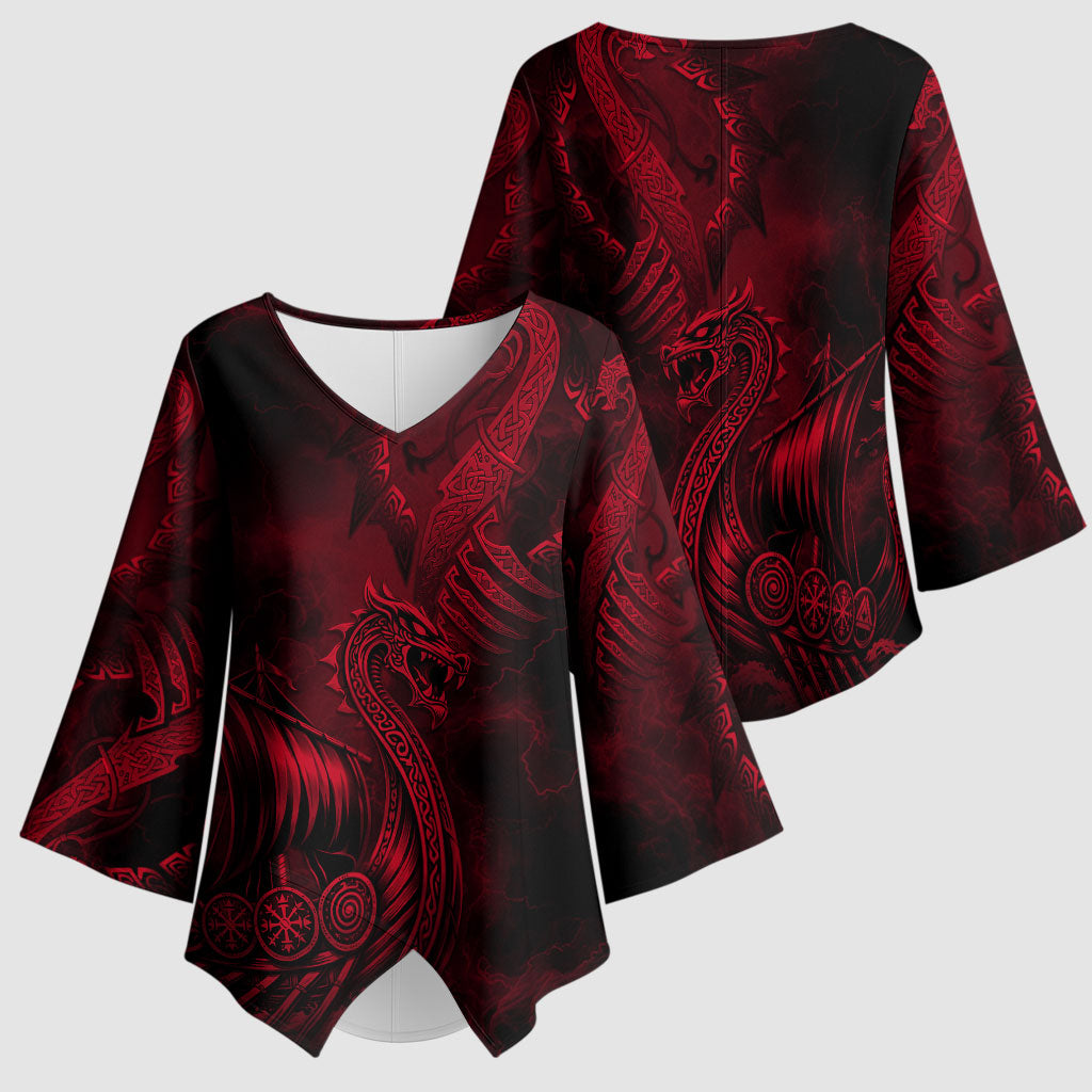 Viking Dragon Longship Helm of Awe Kimono Sleeve Blouse Nordic Mythology Tribal Engraving Style