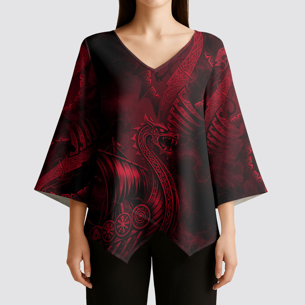 Viking Dragon Longship Helm of Awe Kimono Sleeve Blouse Nordic Mythology Tribal Engraving Style