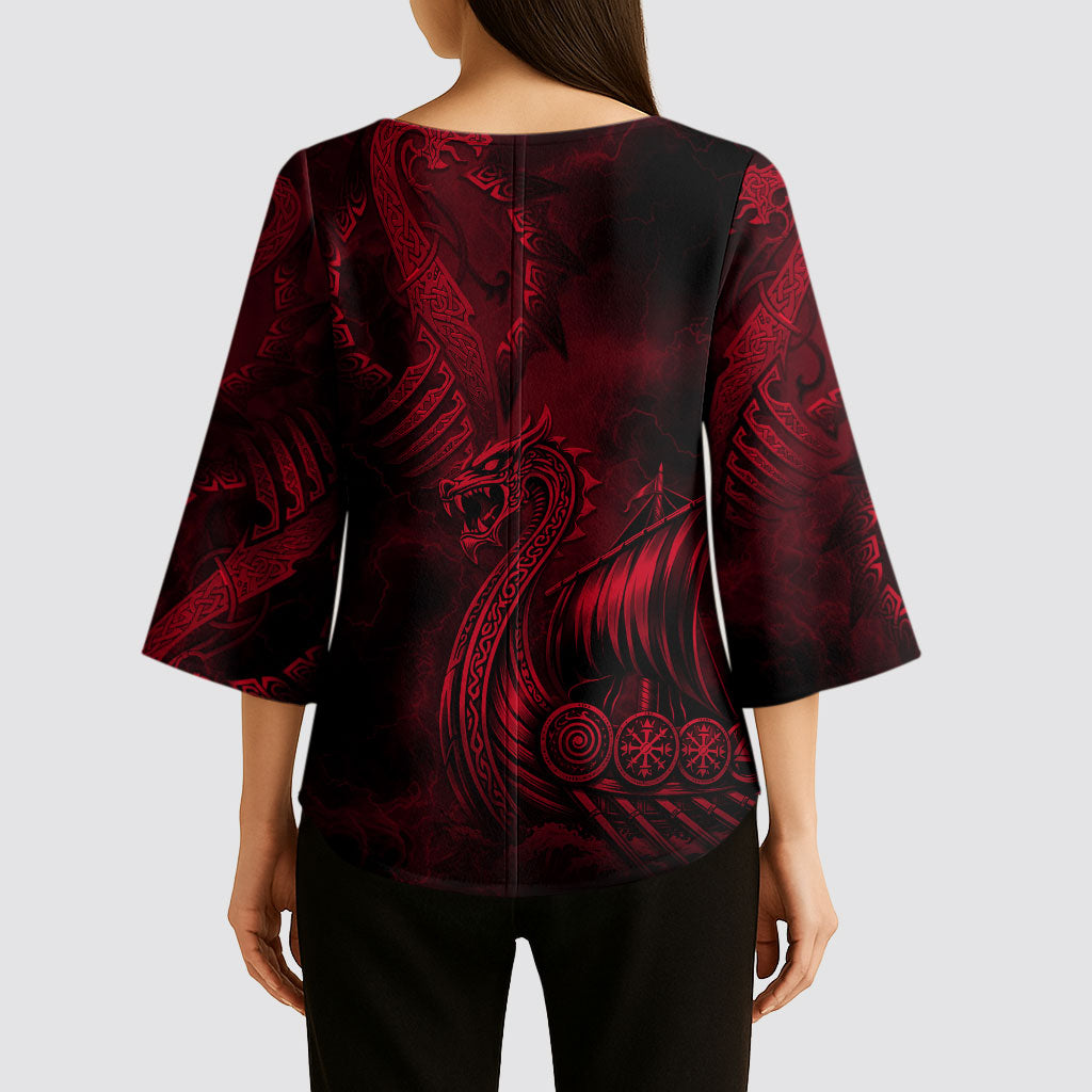 Viking Dragon Longship Helm of Awe Kimono Sleeve Blouse Nordic Mythology Tribal Engraving Style