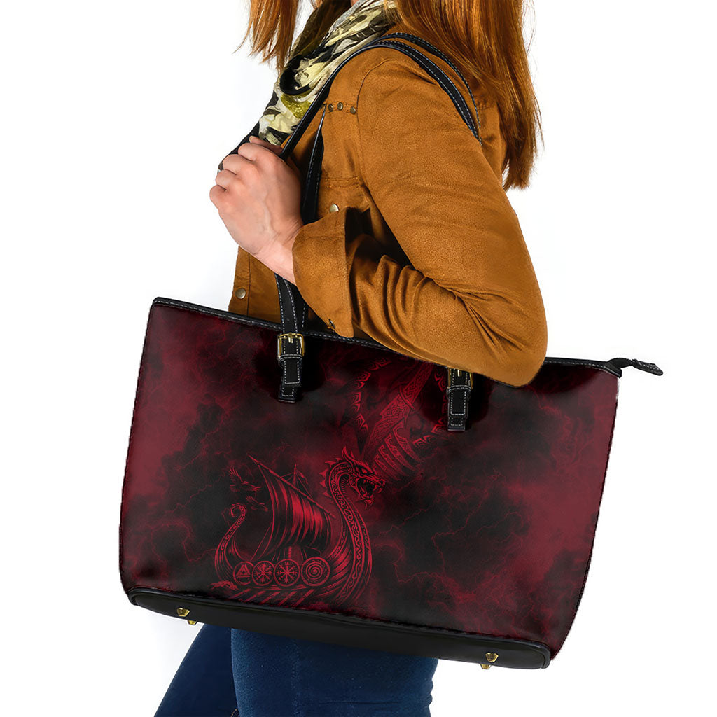 Viking Dragon Longship Helm of Awe Leather Tote Bag Nordic Mythology Tribal Engraving Style