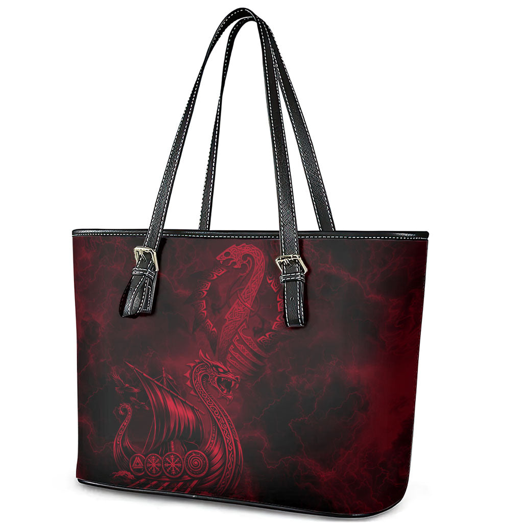 Viking Dragon Longship Helm of Awe Leather Tote Bag Nordic Mythology Tribal Engraving Style