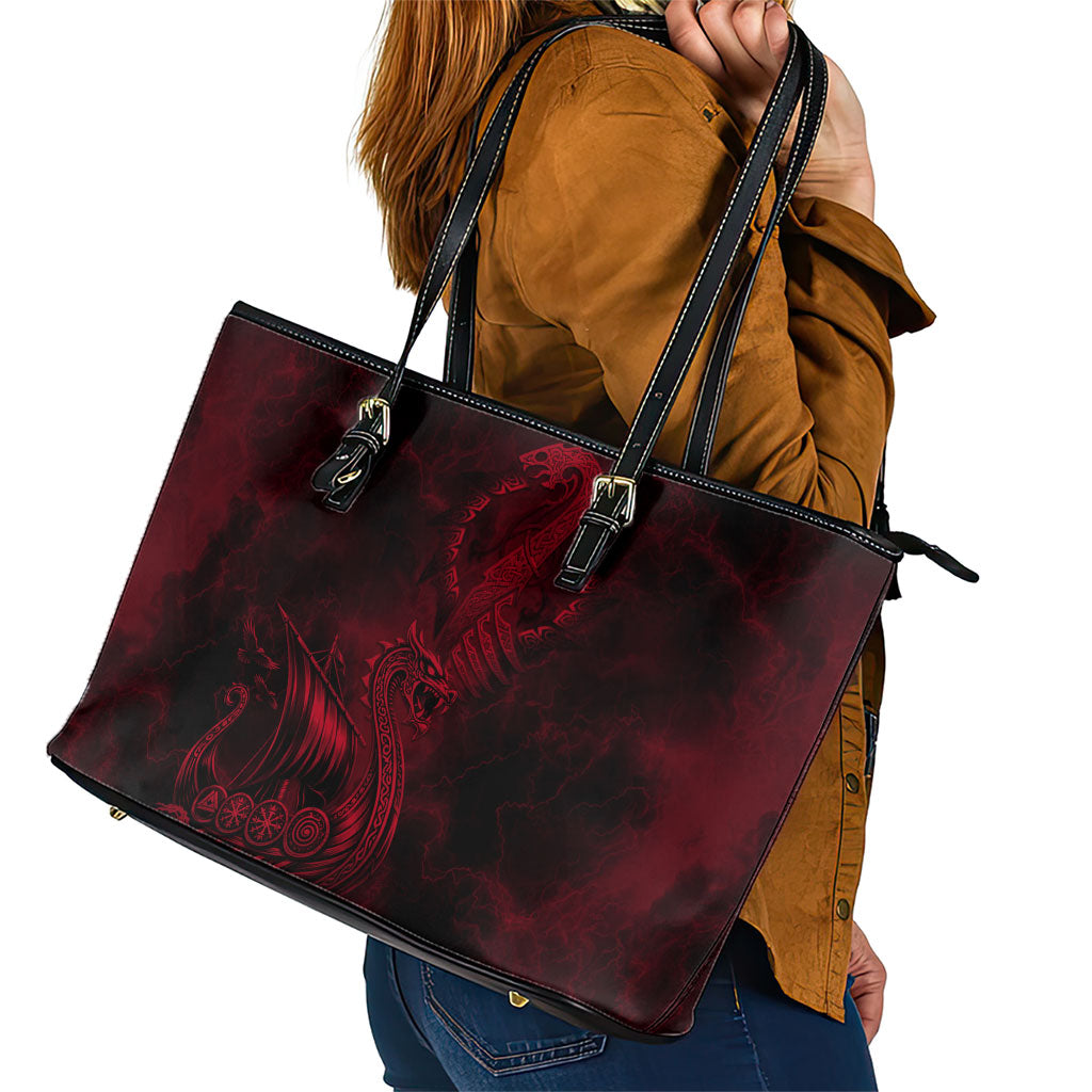 Viking Dragon Longship Helm of Awe Leather Tote Bag Nordic Mythology Tribal Engraving Style