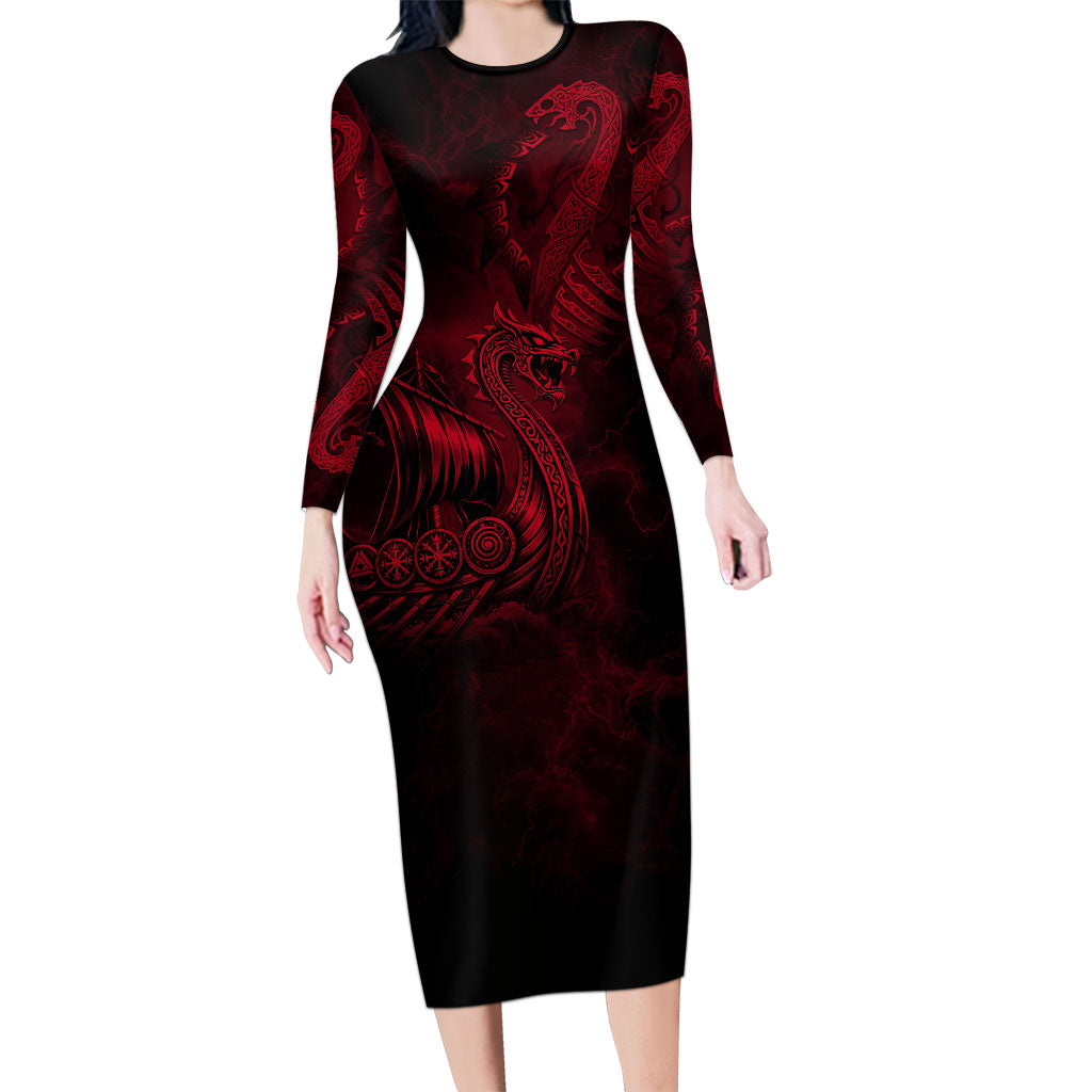 Viking Dragon Longship Helm of Awe Long Sleeve Bodycon Dress Nordic Mythology Tribal Engraving Style