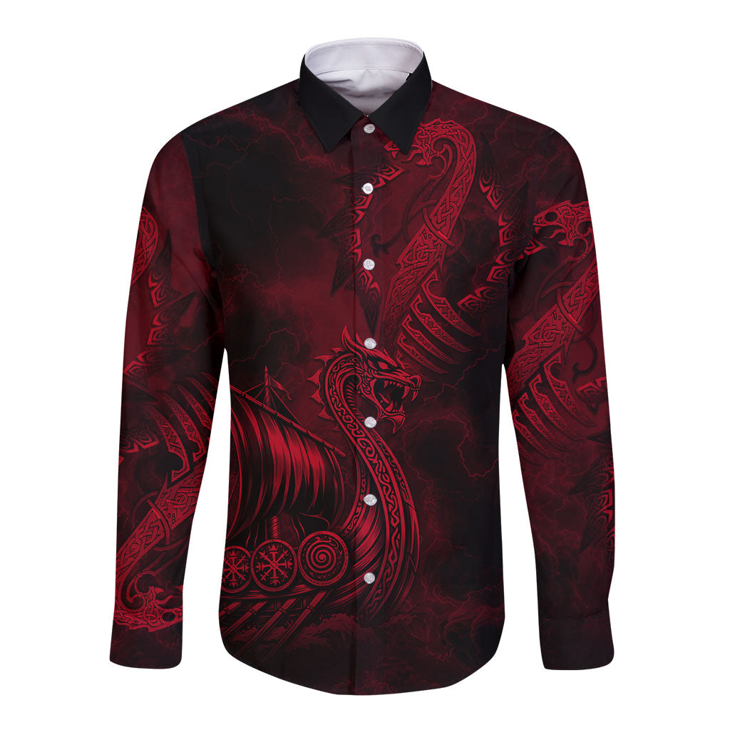 Viking Dragon Longship Helm of Awe Long Sleeve Button Shirt Nordic Mythology Tribal Engraving Style