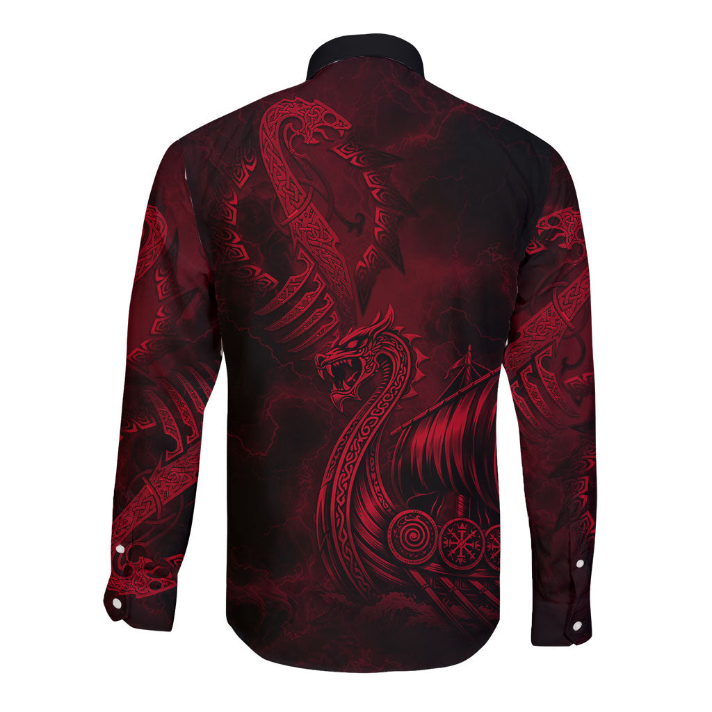 Viking Dragon Longship Helm of Awe Long Sleeve Button Shirt Nordic Mythology Tribal Engraving Style
