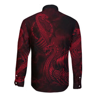 Viking Dragon Longship Helm of Awe Long Sleeve Button Shirt Nordic Mythology Tribal Engraving Style