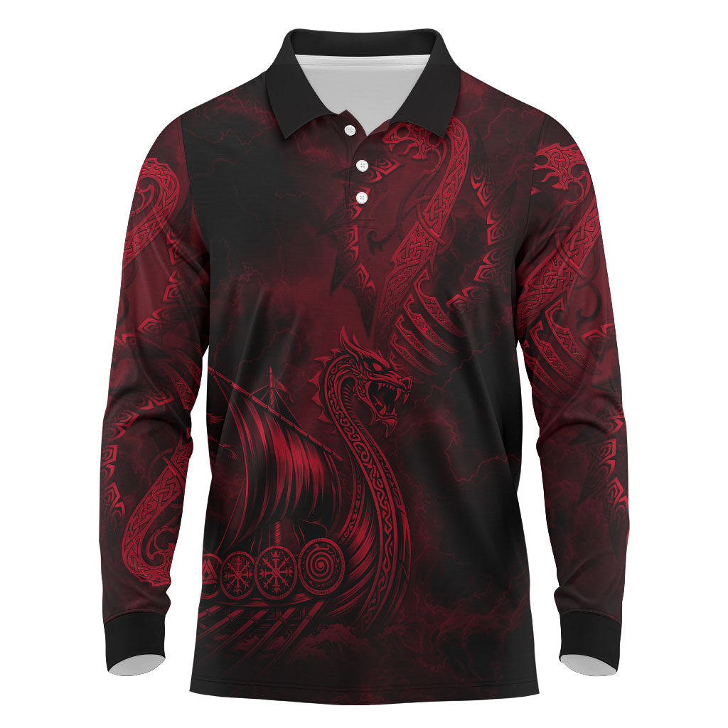Viking Dragon Longship Helm of Awe Long Sleeve Polo Shirt Nordic Mythology Tribal Engraving Style