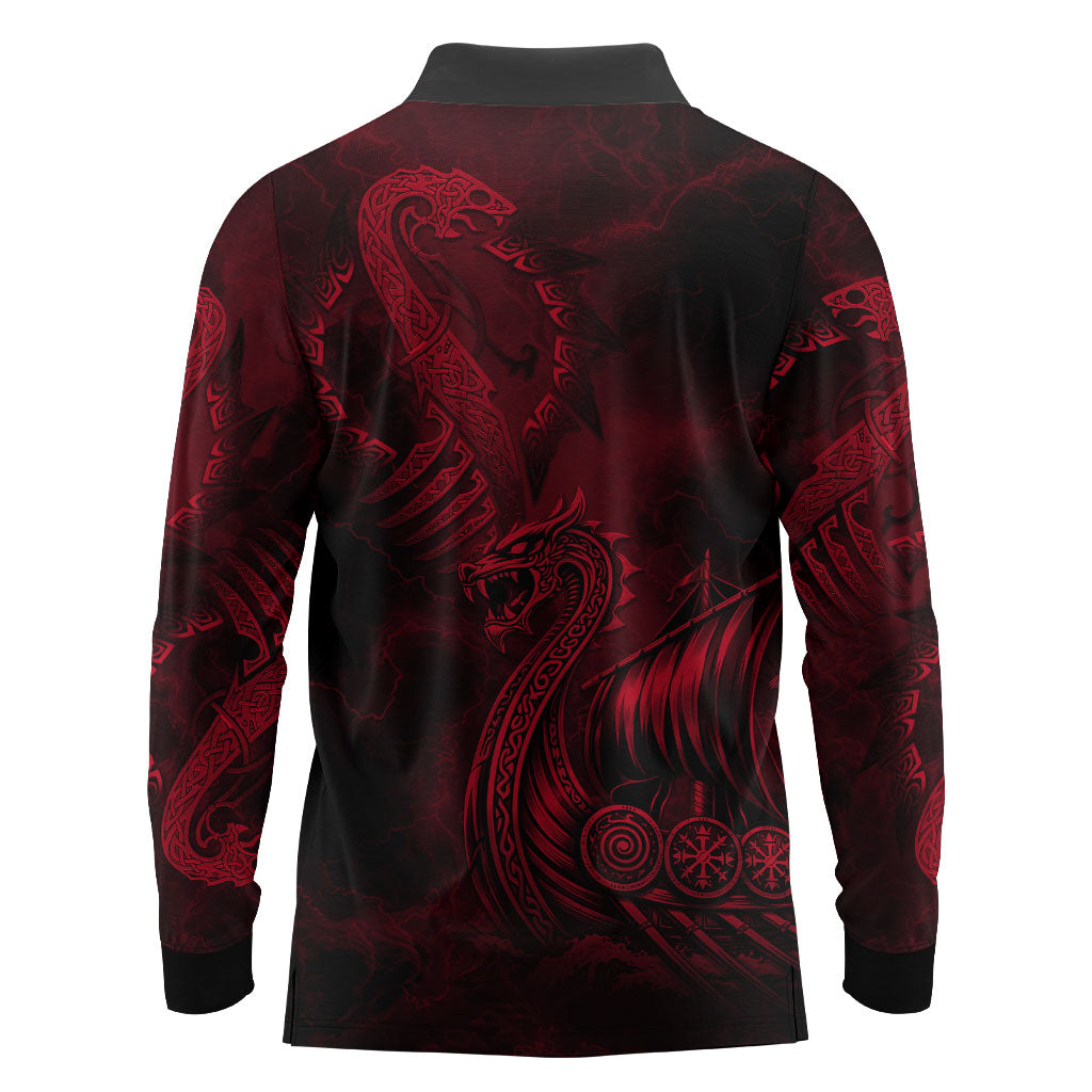 Viking Dragon Longship Helm of Awe Long Sleeve Polo Shirt Nordic Mythology Tribal Engraving Style