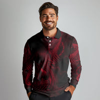 Viking Dragon Longship Helm of Awe Long Sleeve Polo Shirt Nordic Mythology Tribal Engraving Style