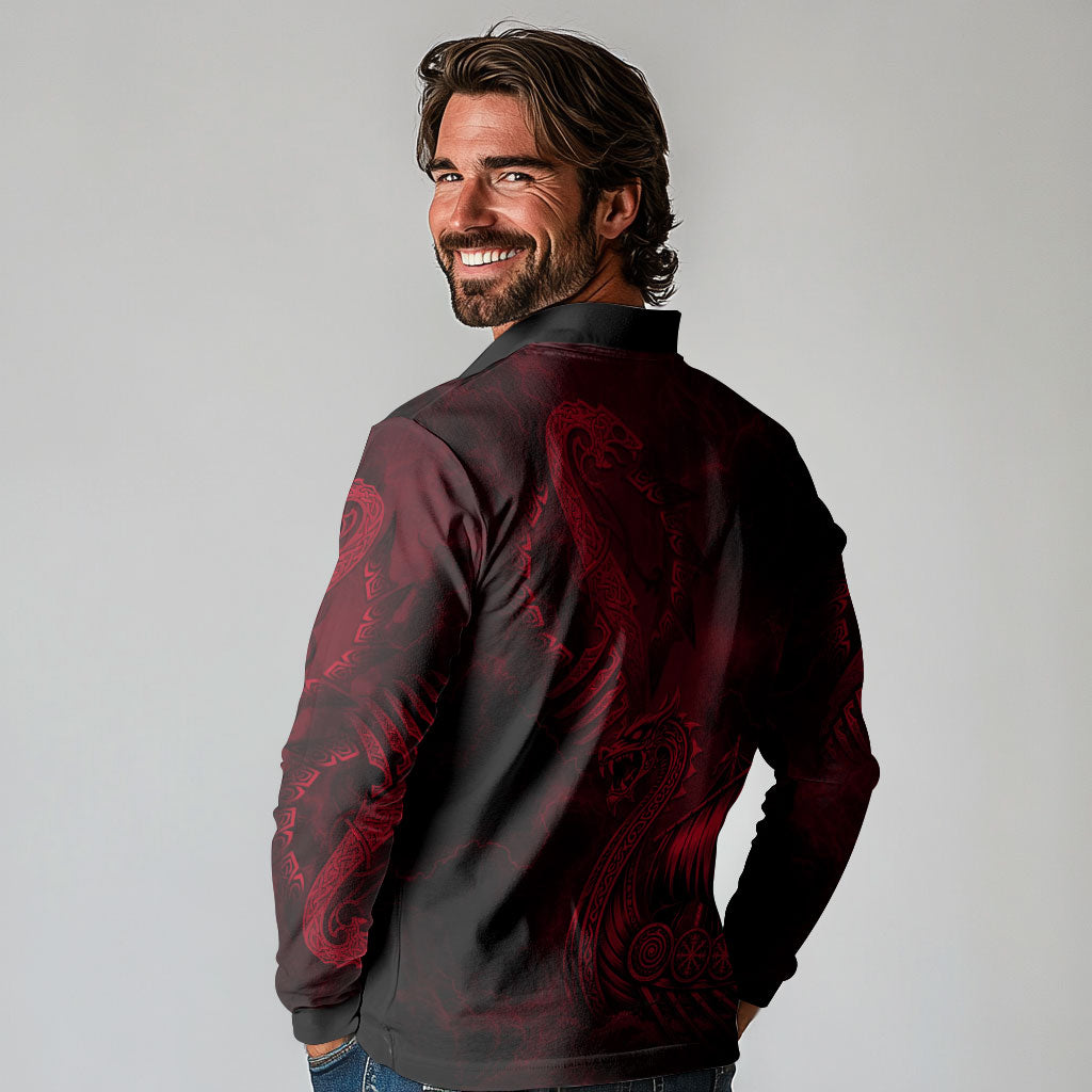 Viking Dragon Longship Helm of Awe Long Sleeve Polo Shirt Nordic Mythology Tribal Engraving Style