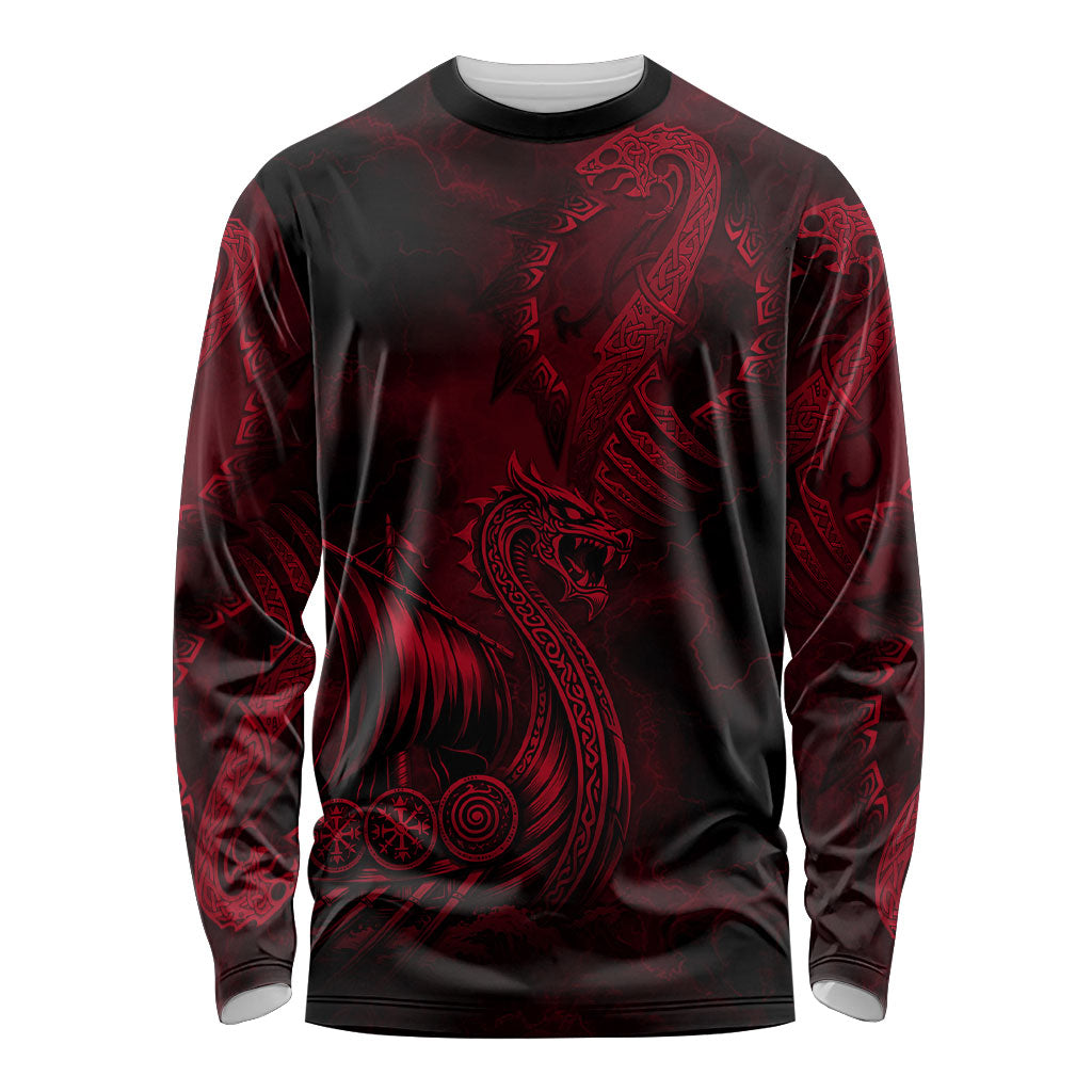 Viking Dragon Longship Helm of Awe Long Sleeve Shirt Nordic Mythology Tribal Engraving Style