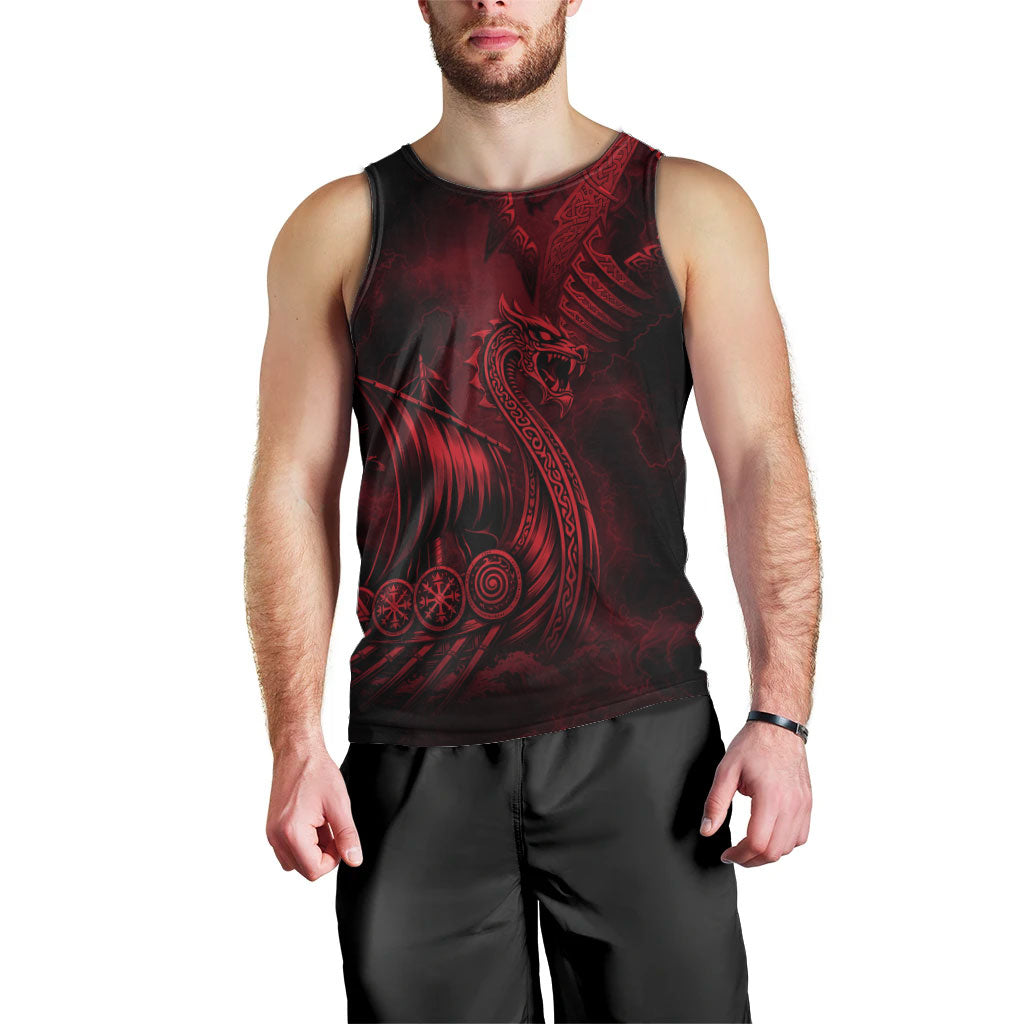 Viking Dragon Longship Helm of Awe Men Tank Top Nordic Mythology Tribal Engraving Style