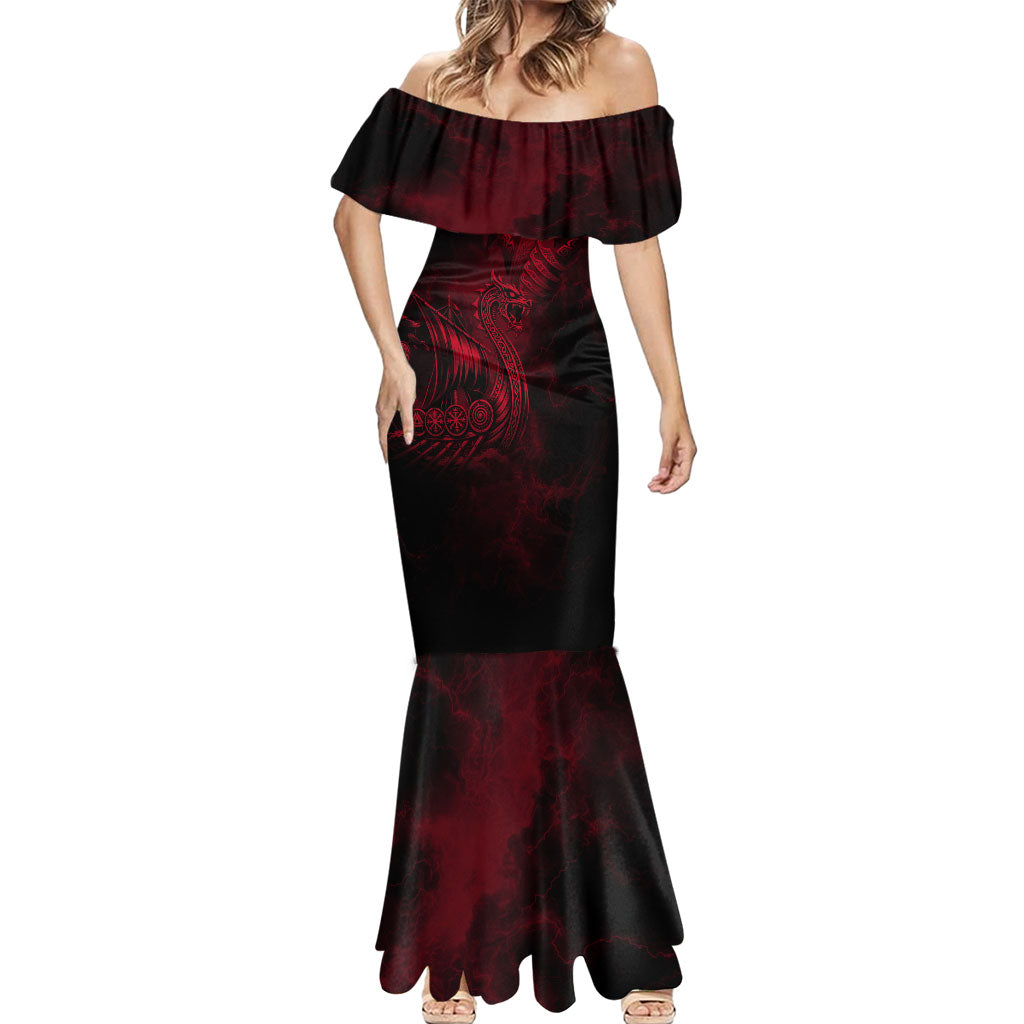 Viking Dragon Longship Helm of Awe Mermaid Dress Nordic Mythology Tribal Engraving Style