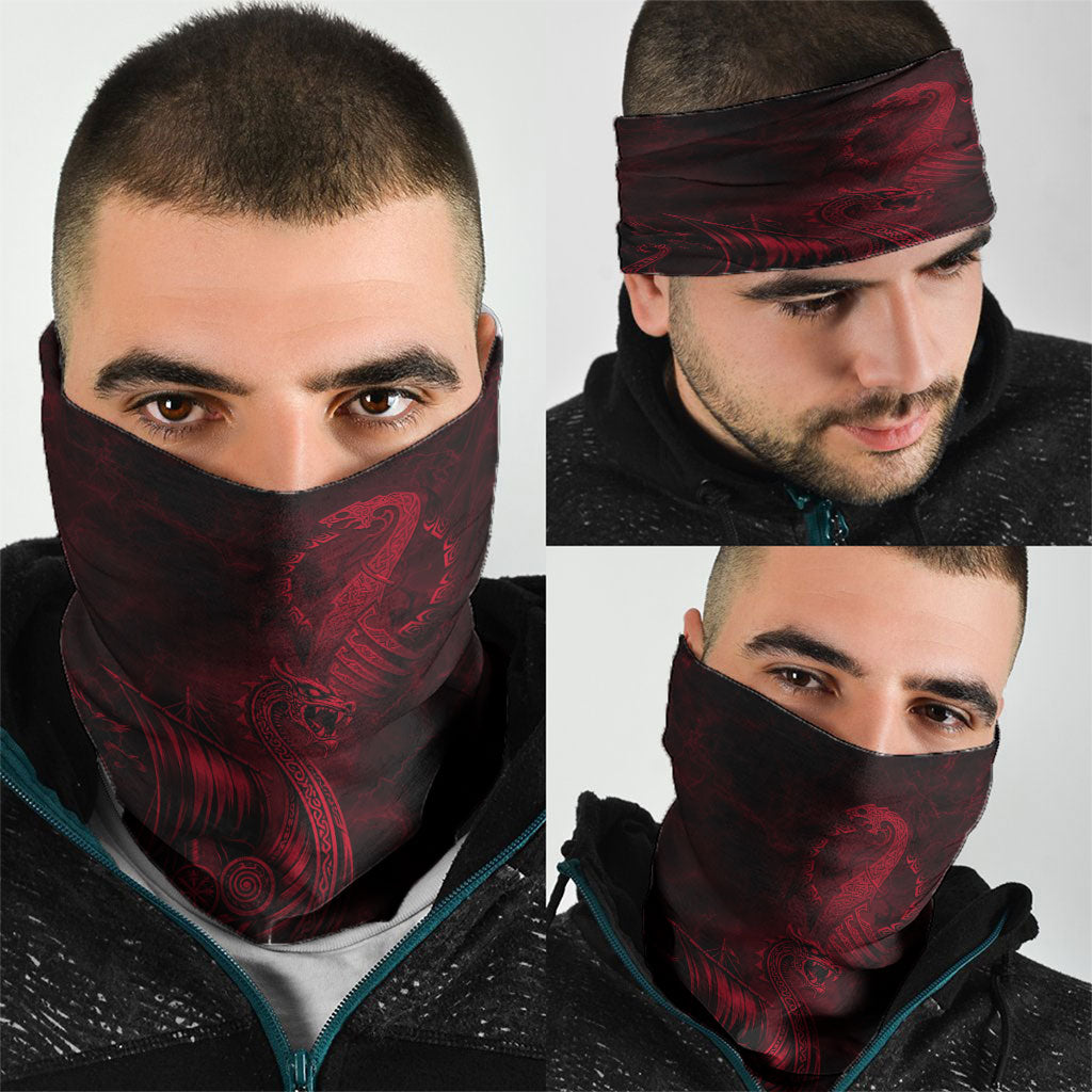 Viking Dragon Longship Helm of Awe Neck Gaiter Nordic Mythology Tribal Engraving Style