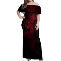 Viking Dragon Longship Helm of Awe Off Shoulder Maxi Dress Nordic Mythology Tribal Engraving Style