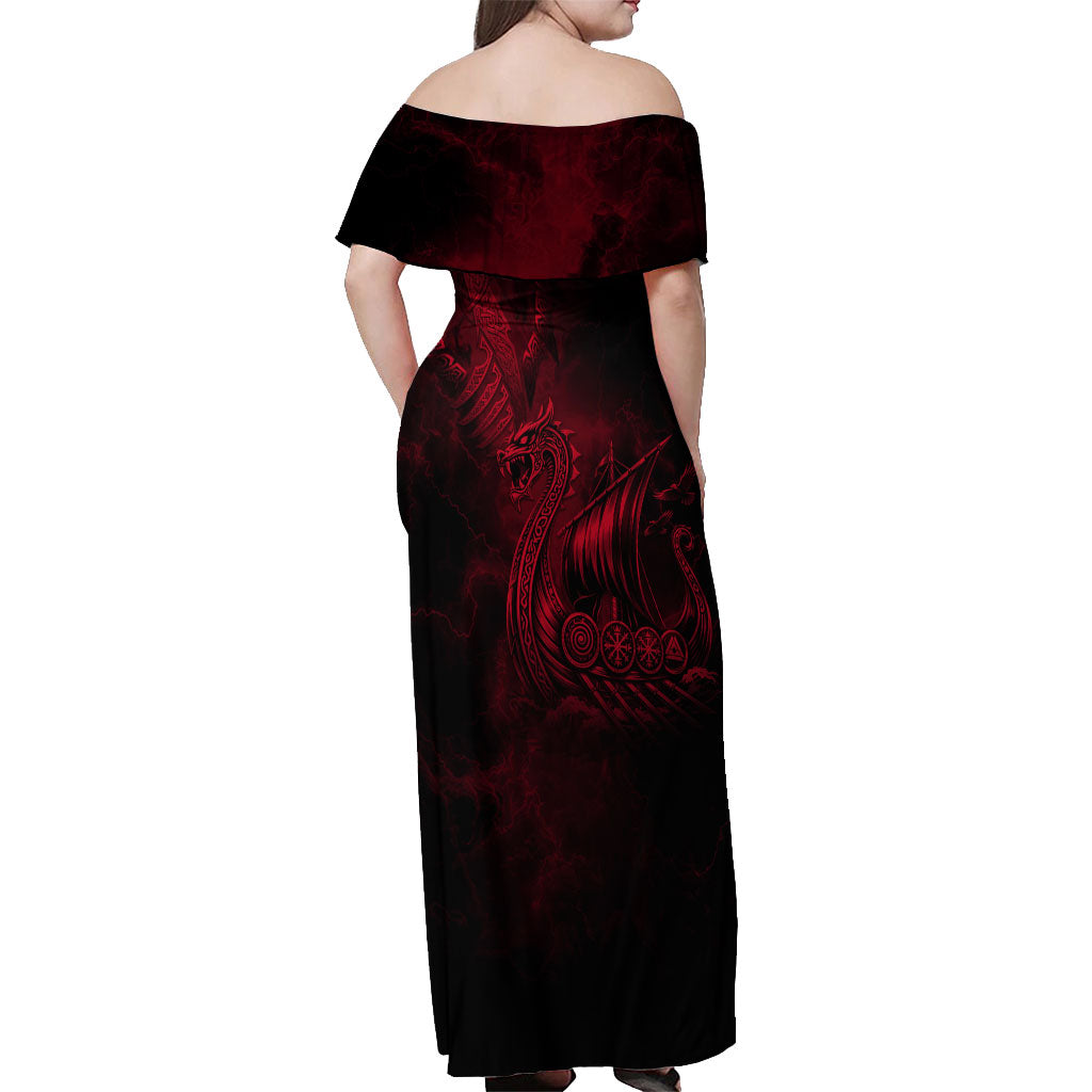Viking Dragon Longship Helm of Awe Off Shoulder Maxi Dress Nordic Mythology Tribal Engraving Style