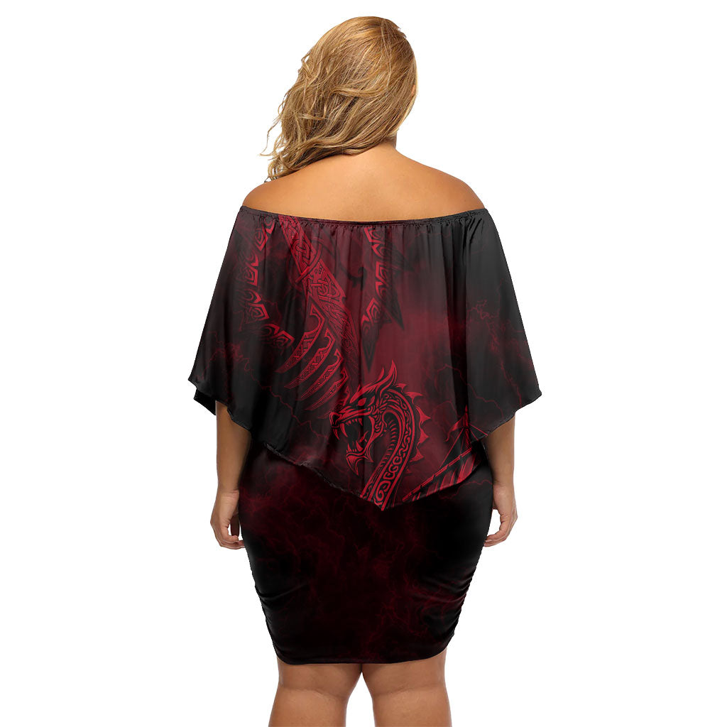 Viking Dragon Longship Helm of Awe Off Shoulder Short Dress Nordic Mythology Tribal Engraving Style