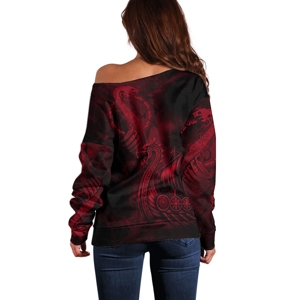 Viking Dragon Longship Helm of Awe Off Shoulder Sweater Nordic Mythology Tribal Engraving Style