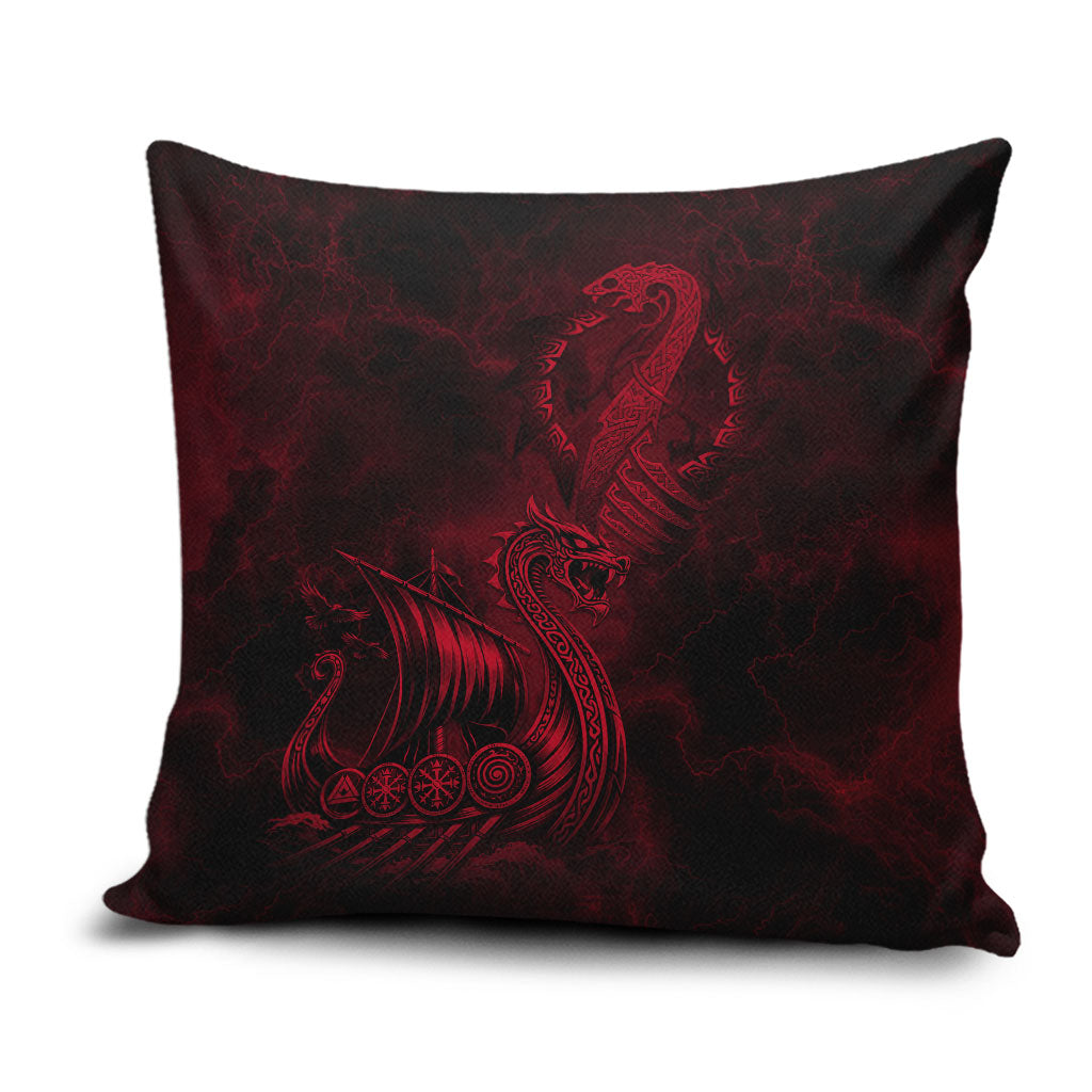 Viking Dragon Longship Helm of Awe Pillow Cover Nordic Mythology Tribal Engraving Style