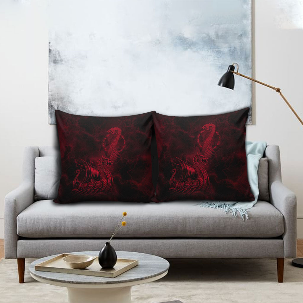 Viking Dragon Longship Helm of Awe Pillow Cover Nordic Mythology Tribal Engraving Style