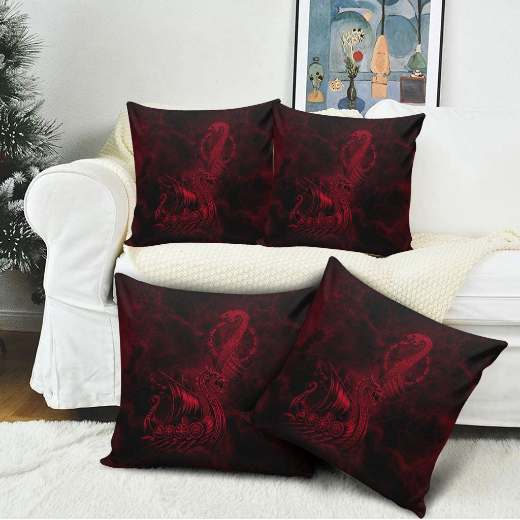 Viking Dragon Longship Helm of Awe Pillow Cover Nordic Mythology Tribal Engraving Style