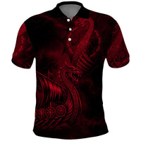 Viking Dragon Longship Helm of Awe Polo Shirt Nordic Mythology Tribal Engraving Style