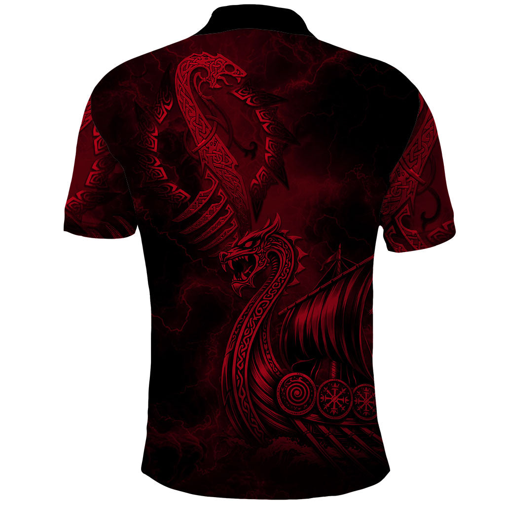 Viking Dragon Longship Helm of Awe Polo Shirt Nordic Mythology Tribal Engraving Style