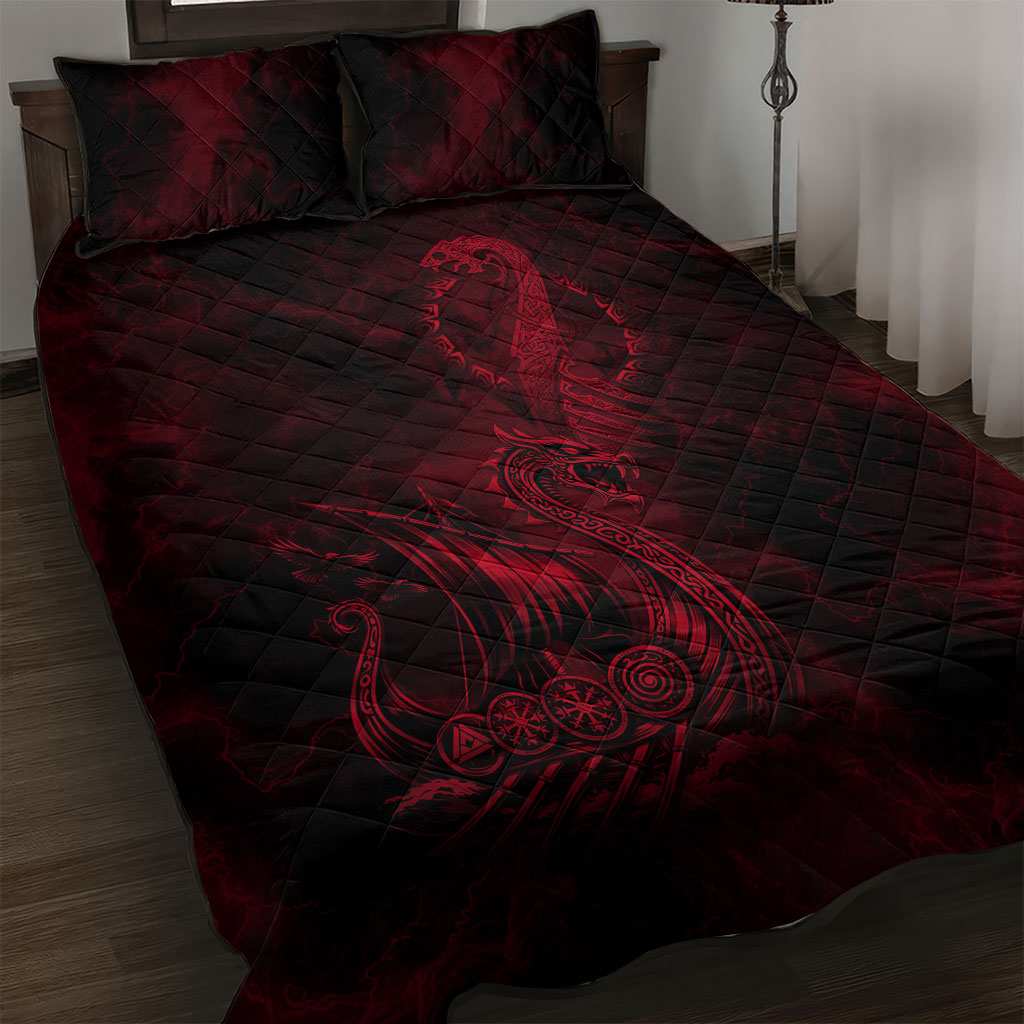 Viking Dragon Longship Helm of Awe Quilt Bed Set Nordic Mythology Tribal Engraving Style