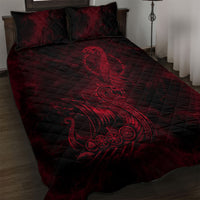 Viking Dragon Longship Helm of Awe Quilt Bed Set Nordic Mythology Tribal Engraving Style