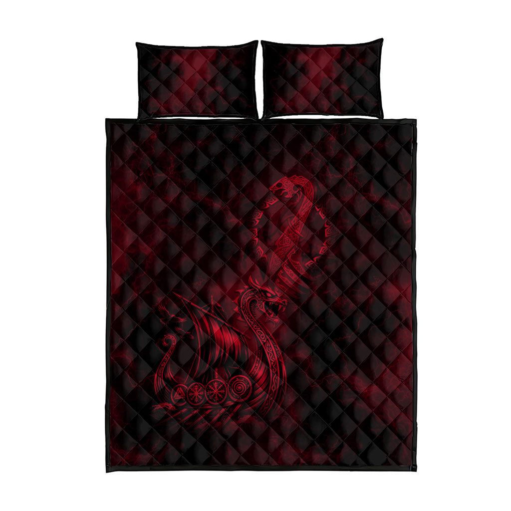 Viking Dragon Longship Helm of Awe Quilt Bed Set Nordic Mythology Tribal Engraving Style