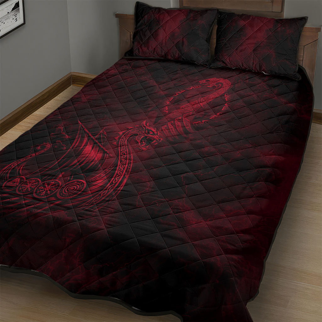 Viking Dragon Longship Helm of Awe Quilt Bed Set Nordic Mythology Tribal Engraving Style
