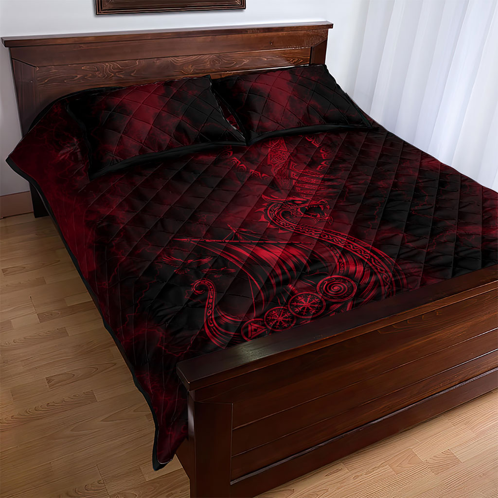 Viking Dragon Longship Helm of Awe Quilt Bed Set Nordic Mythology Tribal Engraving Style