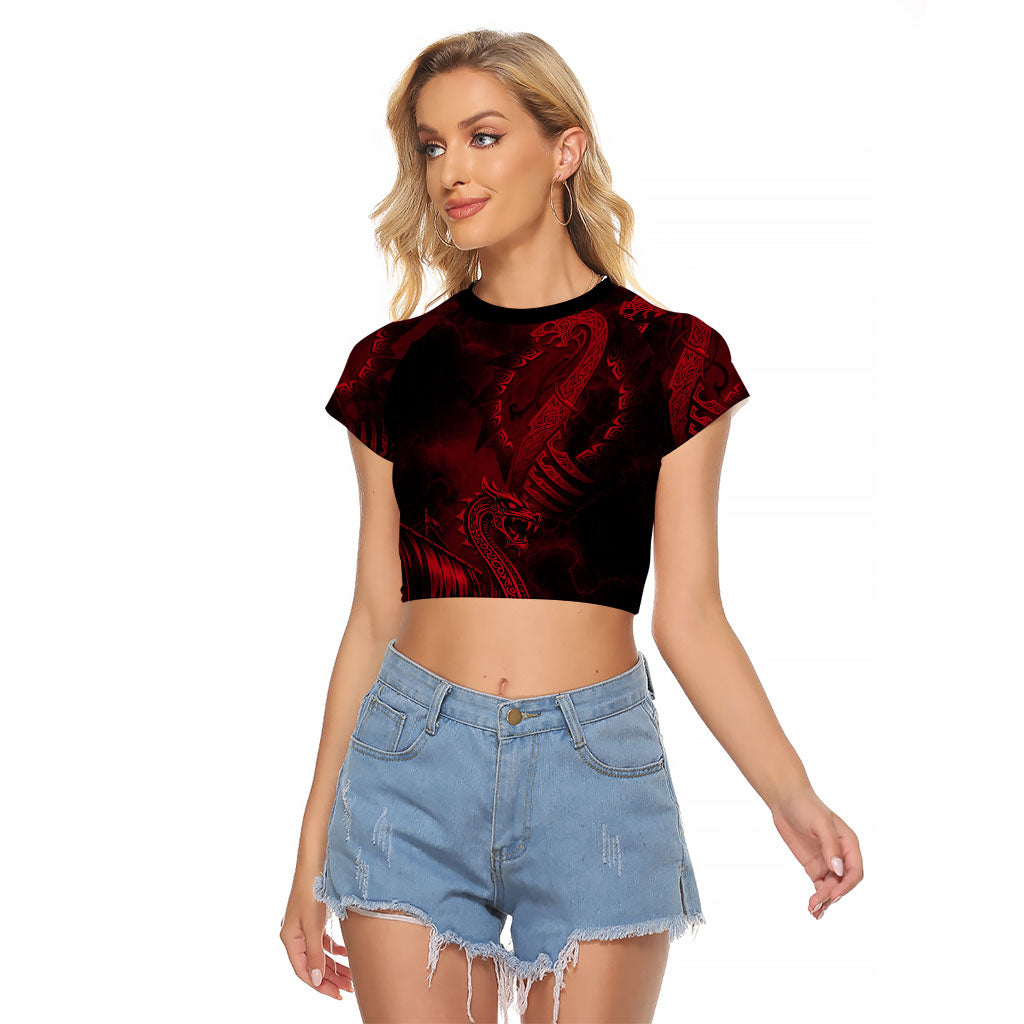 Viking Dragon Longship Helm of Awe Raglan Cropped T Shirt Nordic Mythology Tribal Engraving Style