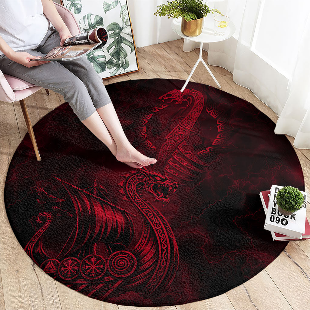 Viking Dragon Longship Helm of Awe Round Carpet Nordic Mythology Tribal Engraving Style