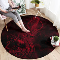Viking Dragon Longship Helm of Awe Round Carpet Nordic Mythology Tribal Engraving Style