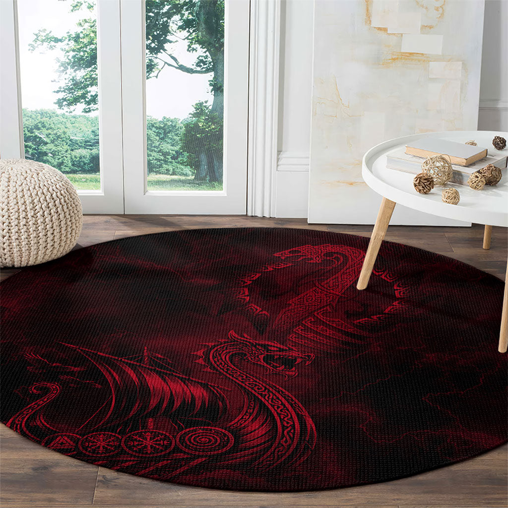 Viking Dragon Longship Helm of Awe Round Carpet Nordic Mythology Tribal Engraving Style