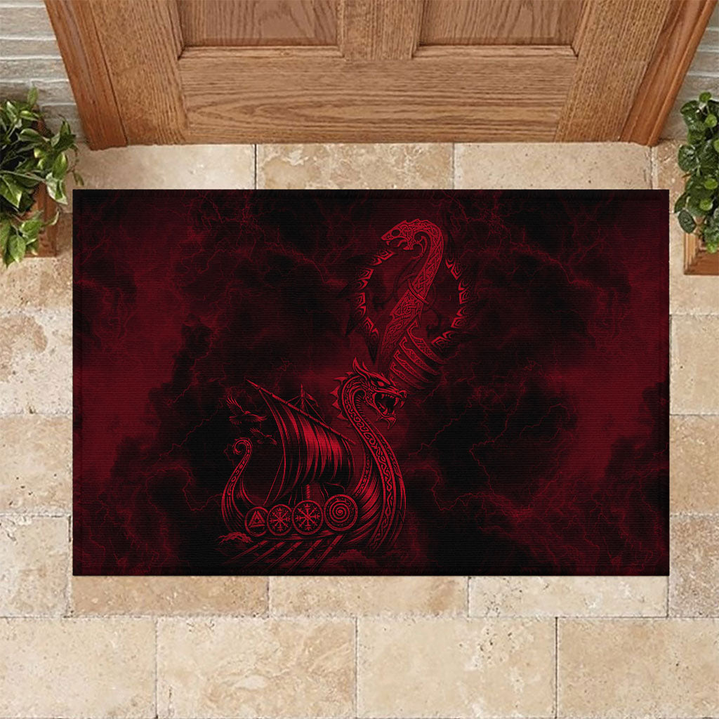 Viking Dragon Longship Helm of Awe Rubber Doormat Nordic Mythology Tribal Engraving Style