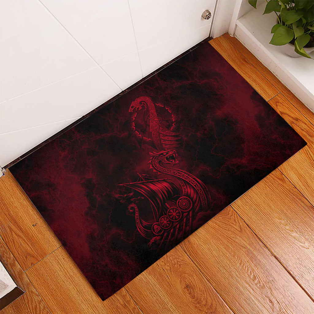 Viking Dragon Longship Helm of Awe Rubber Doormat Nordic Mythology Tribal Engraving Style