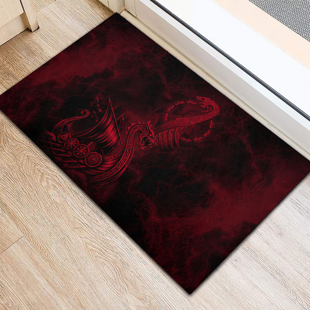 Viking Dragon Longship Helm of Awe Rubber Doormat Nordic Mythology Tribal Engraving Style