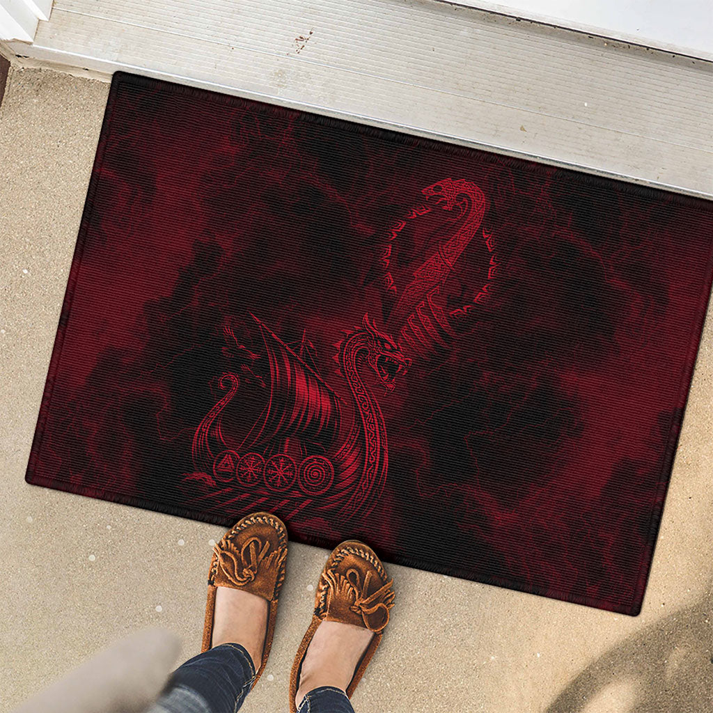 Viking Dragon Longship Helm of Awe Rubber Doormat Nordic Mythology Tribal Engraving Style