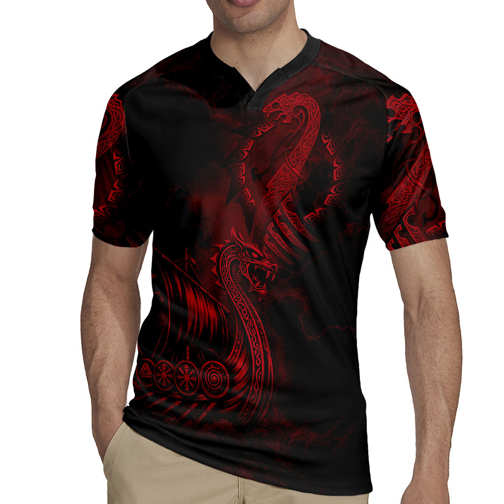 Viking Dragon Longship Helm of Awe Rugby Jersey Nordic Mythology Tribal Engraving Style