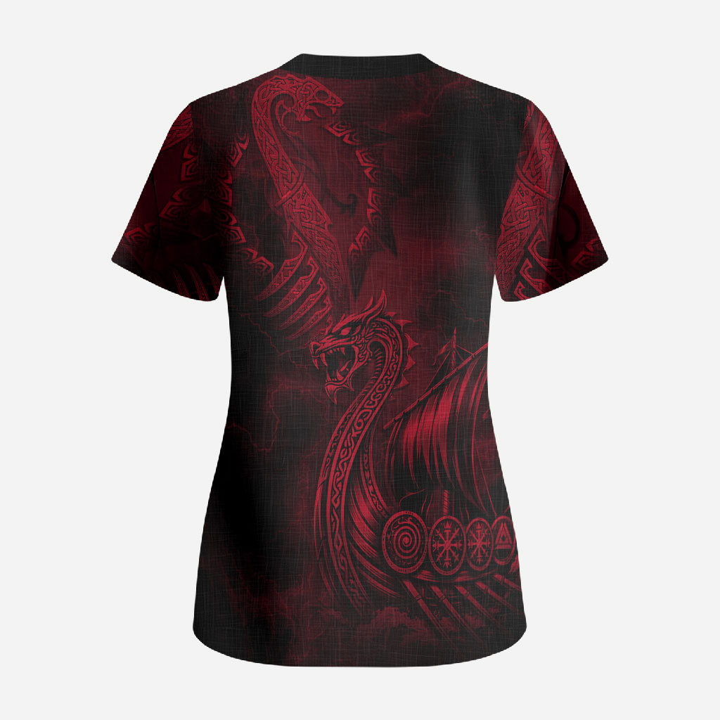 Viking Dragon Longship Helm of Awe Scrub Top Nordic Mythology Tribal Engraving Style