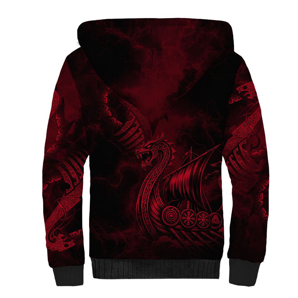 Viking Dragon Longship Helm of Awe Sherpa Hoodie Nordic Mythology Tribal Engraving Style